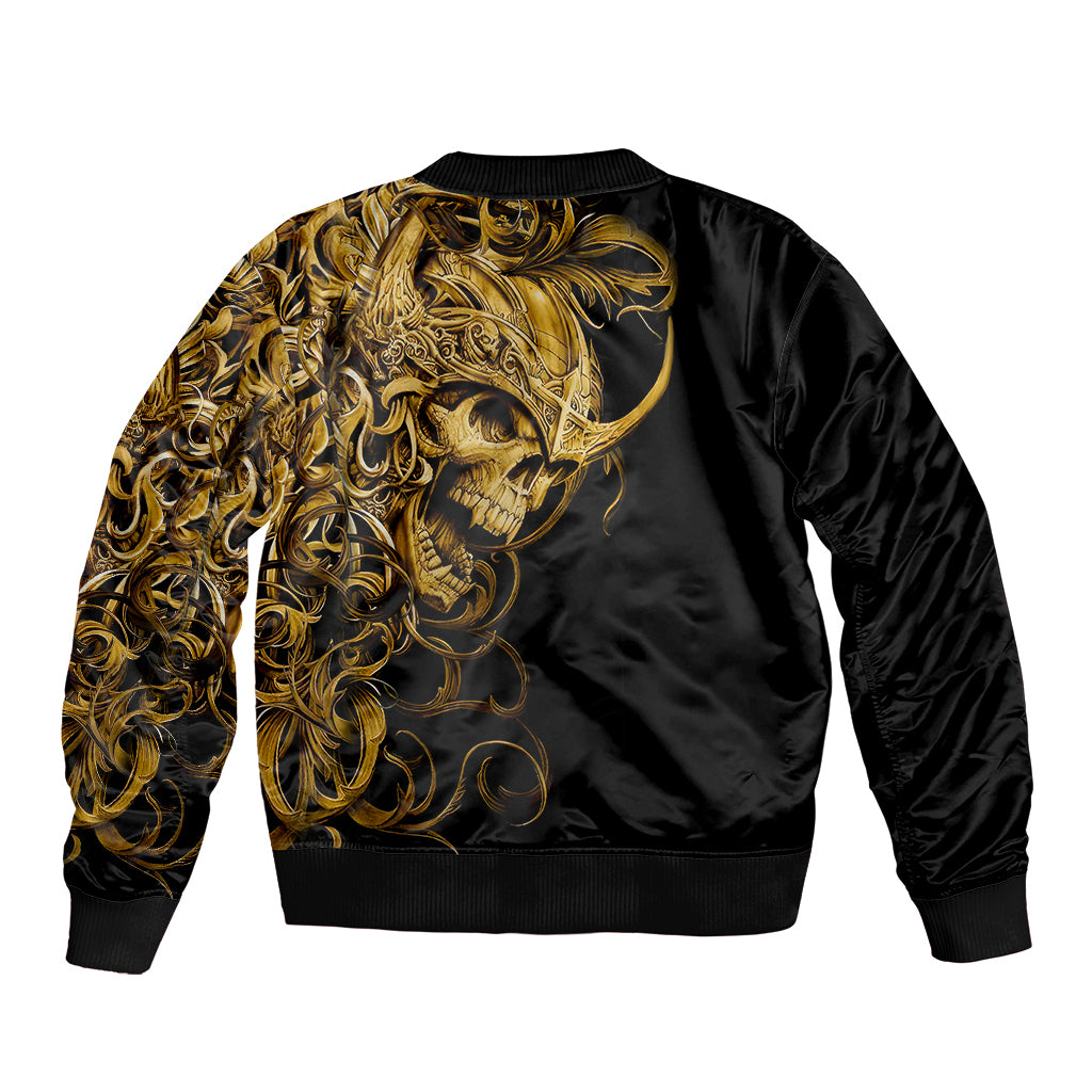 Black bomber jacket back with large gold skull graphic and ribbed hem, full-zip style