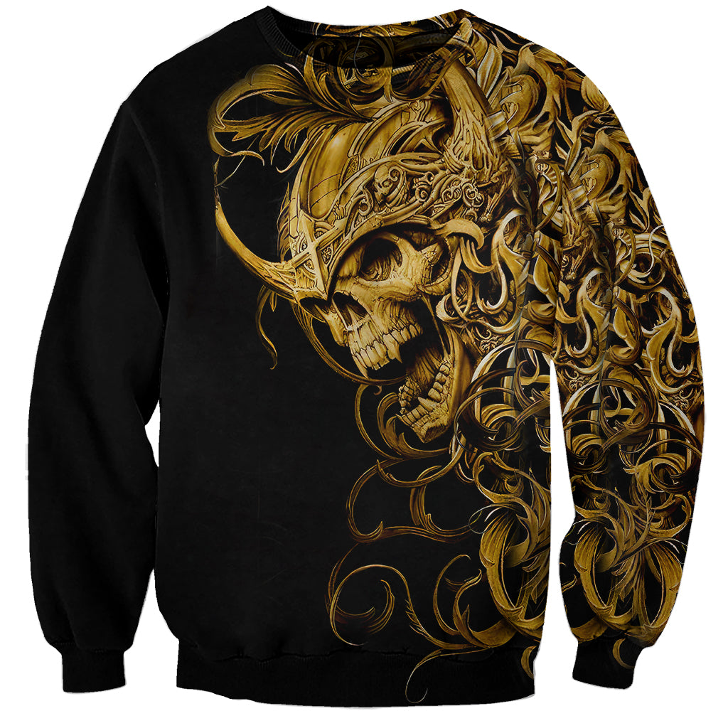 Black sweatshirt with gold skull and ornate warrior graphic, crew neck, long sleeves