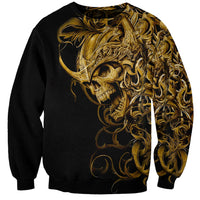 Black sweatshirt with gold skull and ornate warrior graphic, crew neck, long sleeves