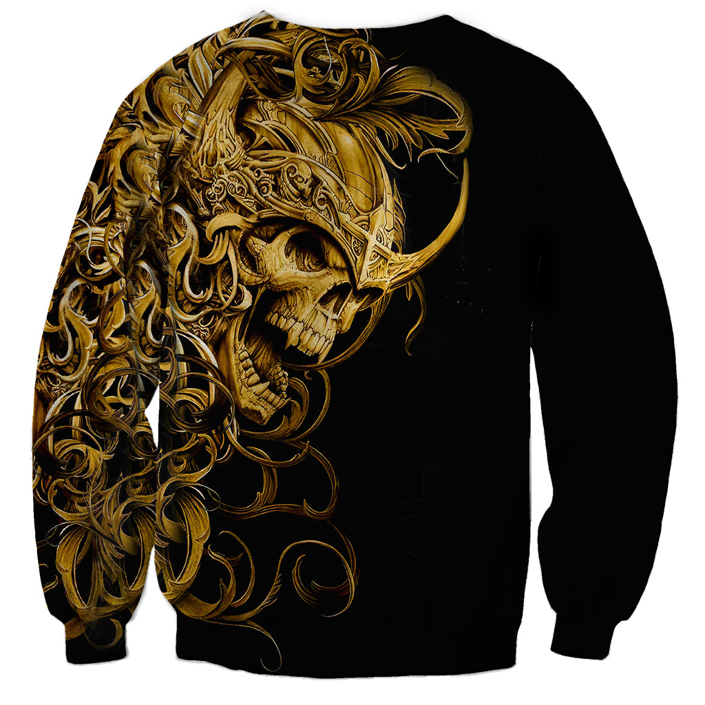Black sweatshirt with large gold skull and filigree graphic, crew neck, long sleeves