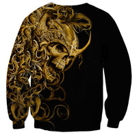 Black sweatshirt with large gold skull and filigree graphic, crew neck, long sleeves