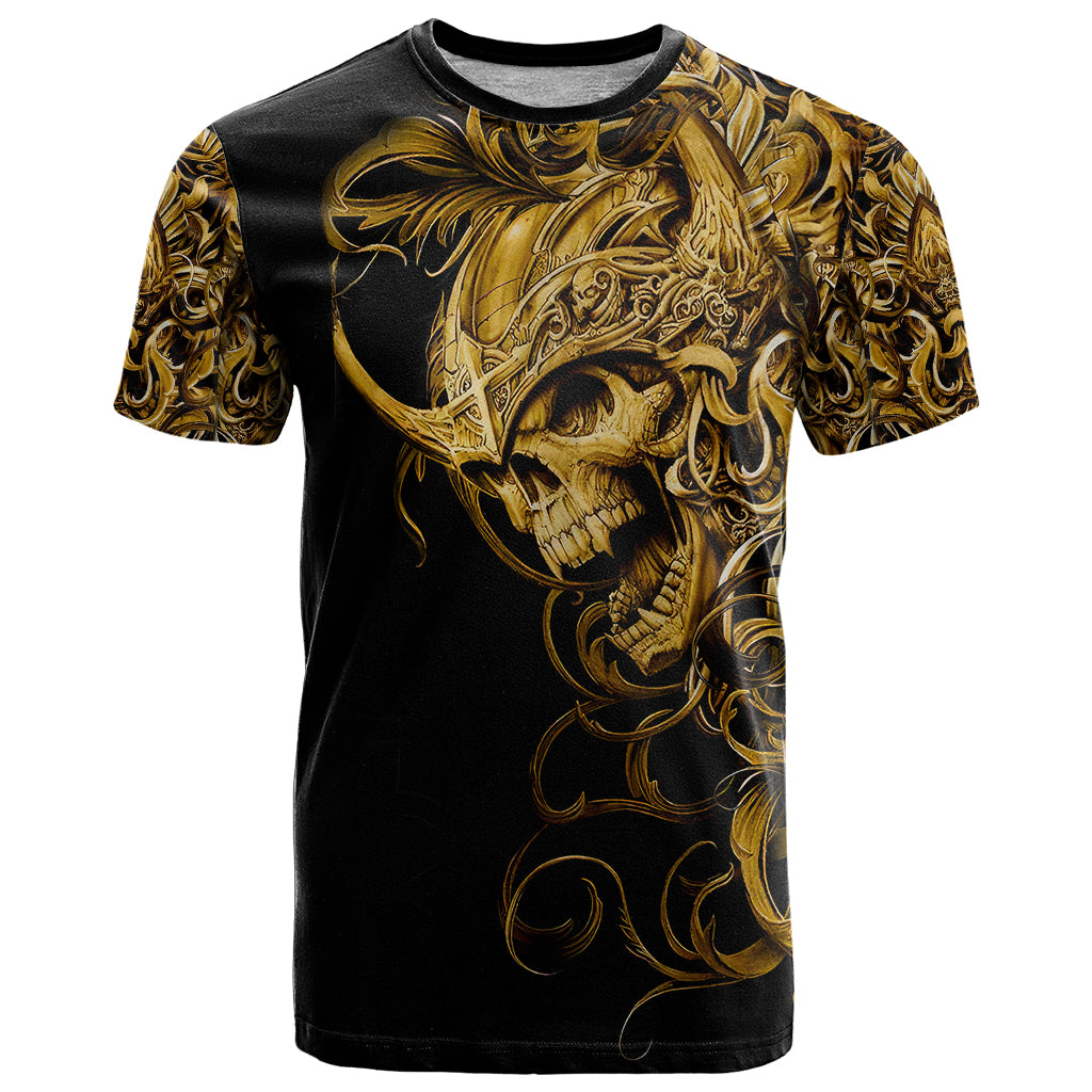 Black graphic skull T-shirt with gold warrior artwork, crew neck short sleeves