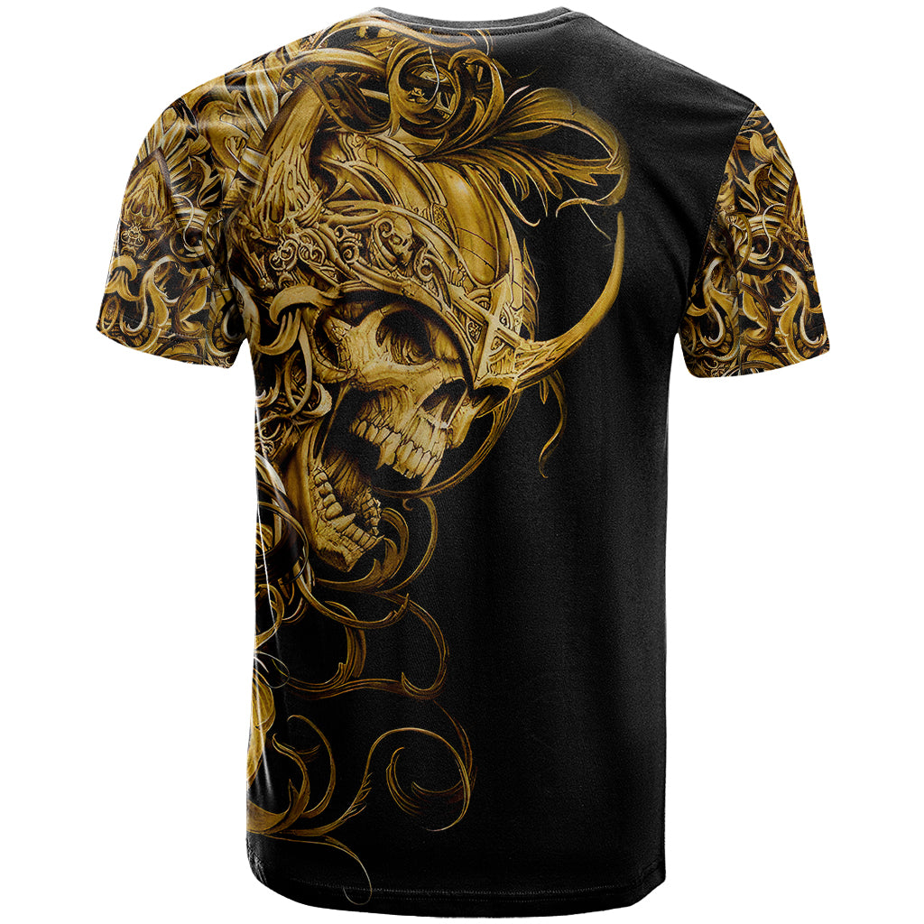 Black graphic skull T-shirt, gold back print with ornate warrior face and swirls