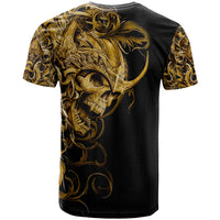 Black graphic skull T-shirt, gold back print with ornate warrior face and swirls