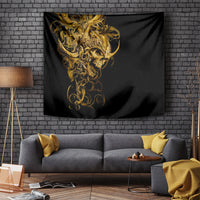Black tapestry with ornate golden skull warrior face and swirling patterns, draped