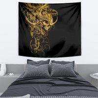 Black wall tapestry with centered golden skull warrior artwork and flowing ornament swirls