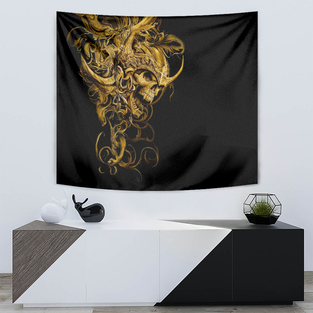 Black tapestry featuring a golden skull warrior head with decorative filigree details