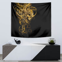 Black tapestry featuring a golden skull warrior head with decorative filigree details