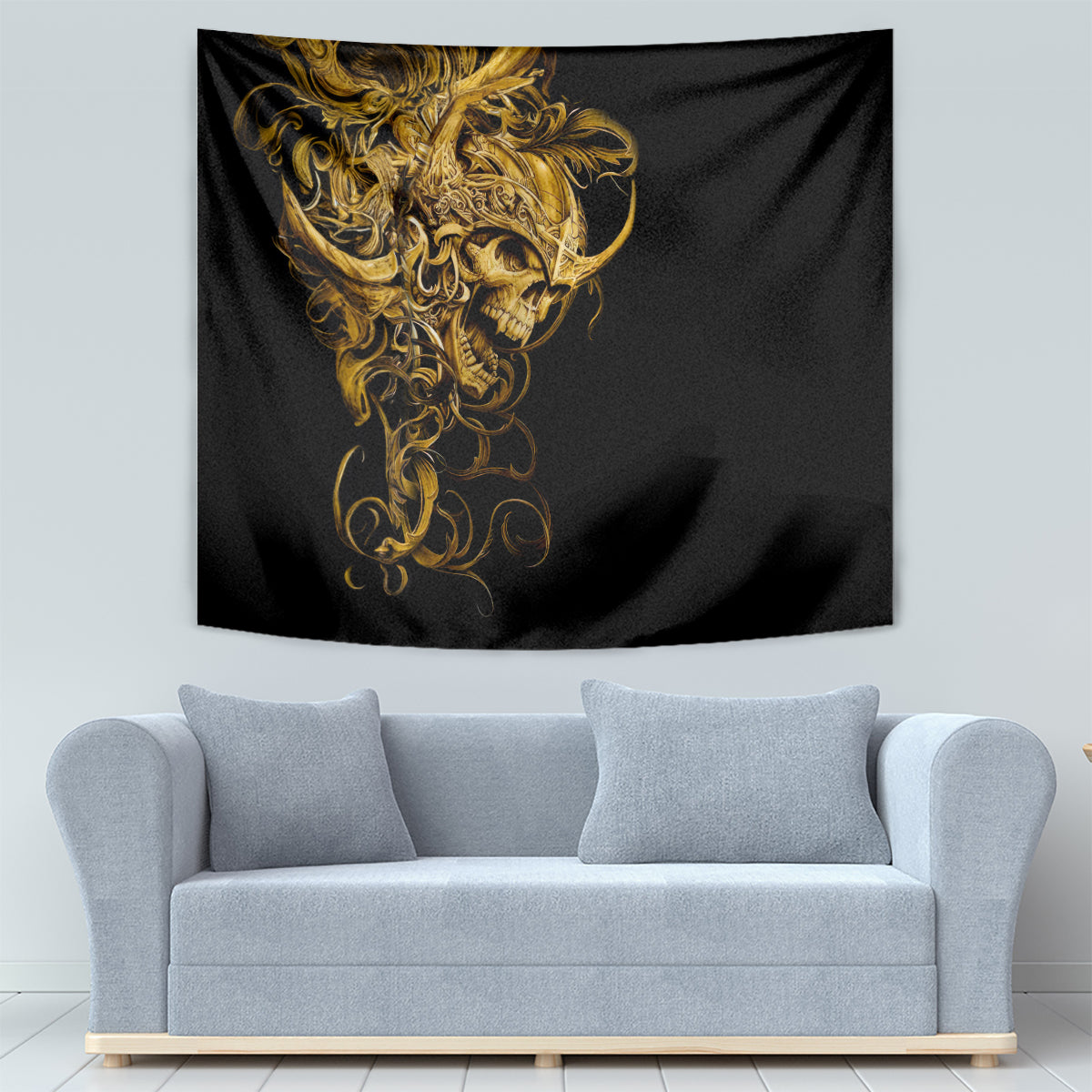 Black tapestry with golden skull warrior design, curled decorative lines on a dark background