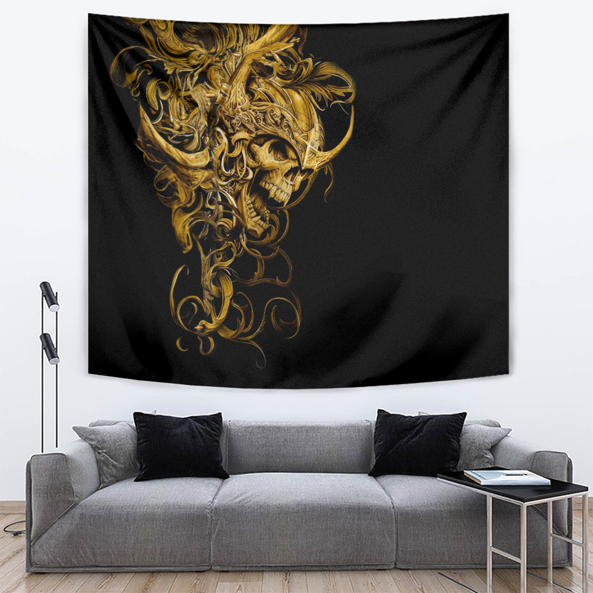 Black tapestry with golden skull warrior portrait and ornate curling accents, wrinkled fabric