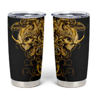Black tumbler cup with gold skull warrior graphic and clear screw-top lid.