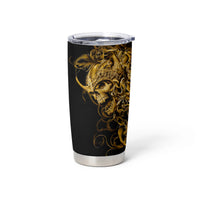 Black tumbler cup with gold skull warrior front design and clear screw-top lid.