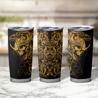 Set of black tumbler cups with gold skull warrior graphics and clear screw-top lids.