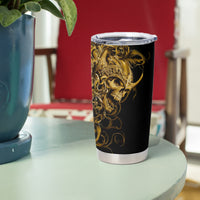 Black tumbler cup with gold skull warrior graphic and clear screw-top lid.