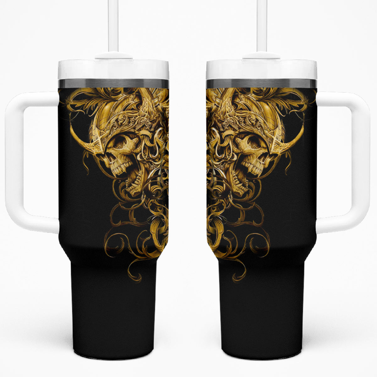 Black skull tumbler with handle, gold warrior artwork, white lid and two straws