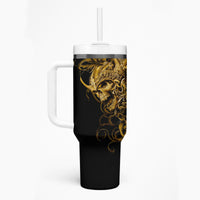 Black skull tumbler with handle, gold warrior skull graphic, white lid and straw