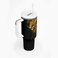 Black skull tumbler with handle, gold warrior skull design, white lid and straw
