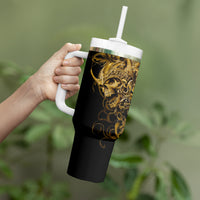 Black skull tumbler with handle, gold warrior skull artwork, white lid and straw