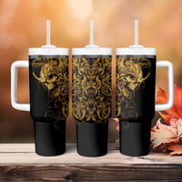 Set of three black skull tumblers with handles, gold warrior artwork, white lids