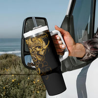 Black skull tumbler with handle, gold warrior skull artwork, white lid and straw