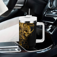 Black skull tumbler with handle, gold warrior skull artwork, white lid and straw