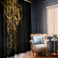 Black window curtain with gold ornate skull warrior print, hanging panels