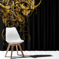 Black window curtain panel with large gold skull and filigree artwork