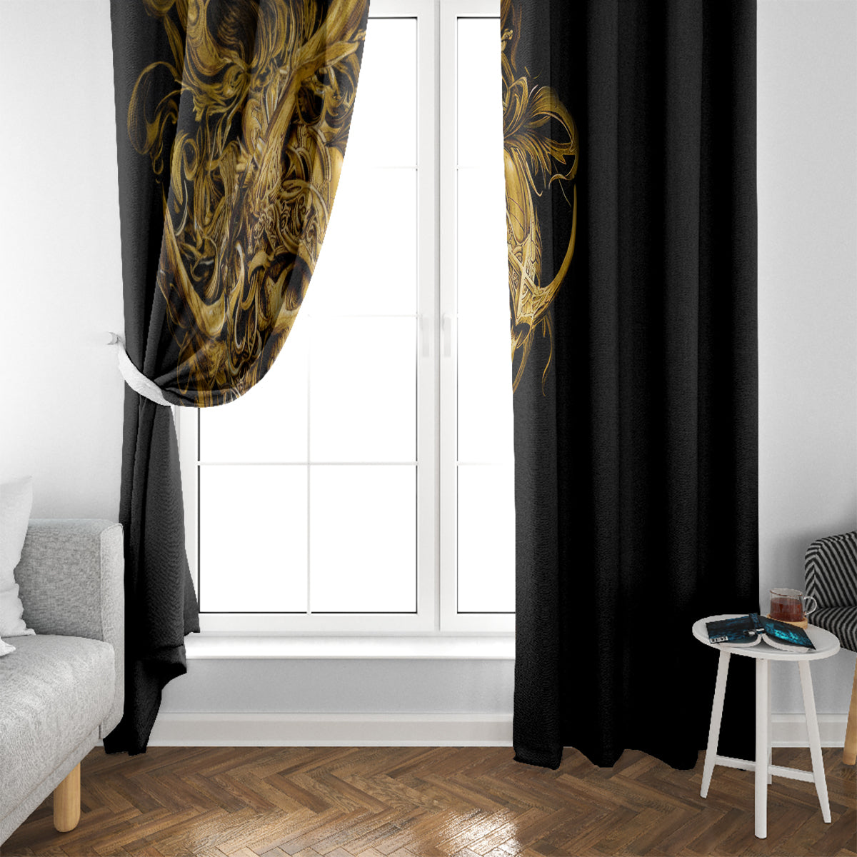 Pair of black window curtains with gold warrior skull design, covering window