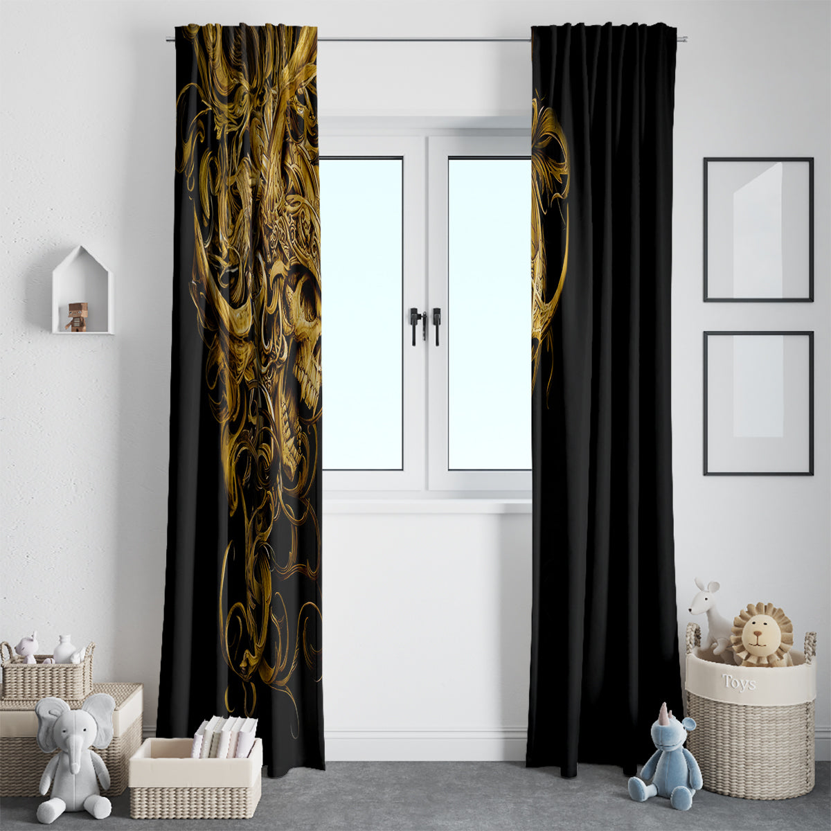 Black window curtain set with vertical gold skull warrior motif and grommet top