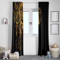 Black window curtain set with vertical gold skull warrior motif and grommet top