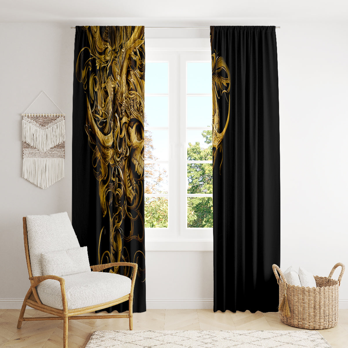Black window curtains with gold skull warrior print, two panels framing window