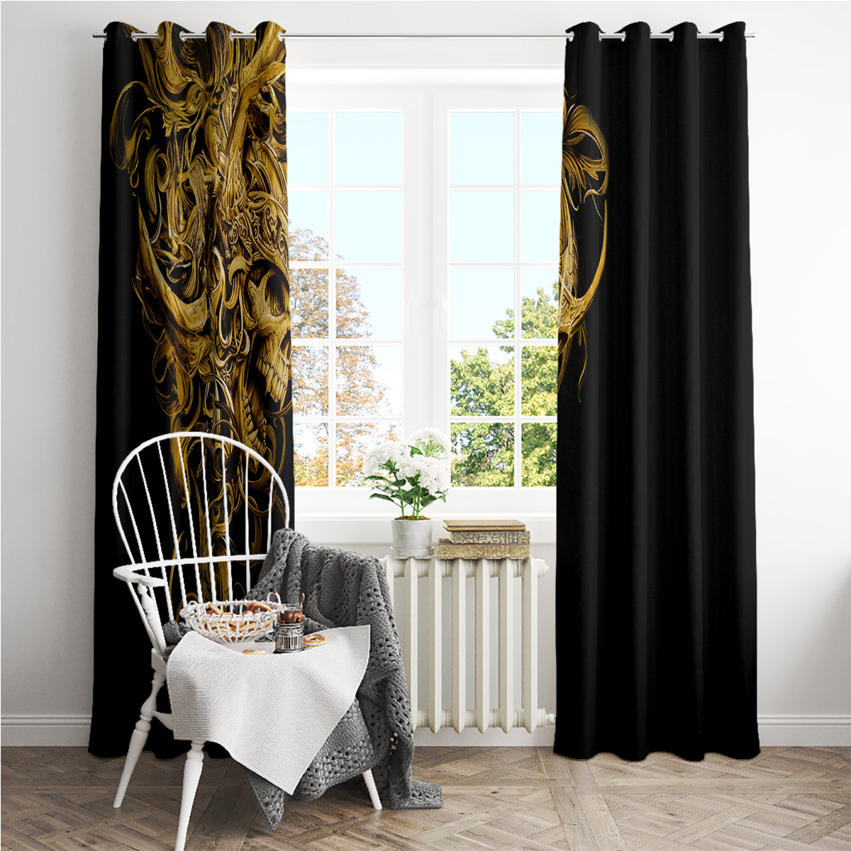 Black window curtain panels with gold ornate skull warrior pattern, hung on rod