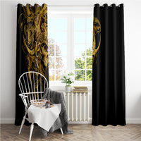 Black window curtain panels with gold ornate skull warrior pattern, hung on rod