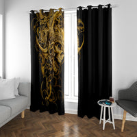 Two black window curtains with gold skull warrior artwork, centered over window