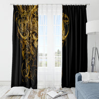 Black window curtain set with gold skull warrior design, full-length panels