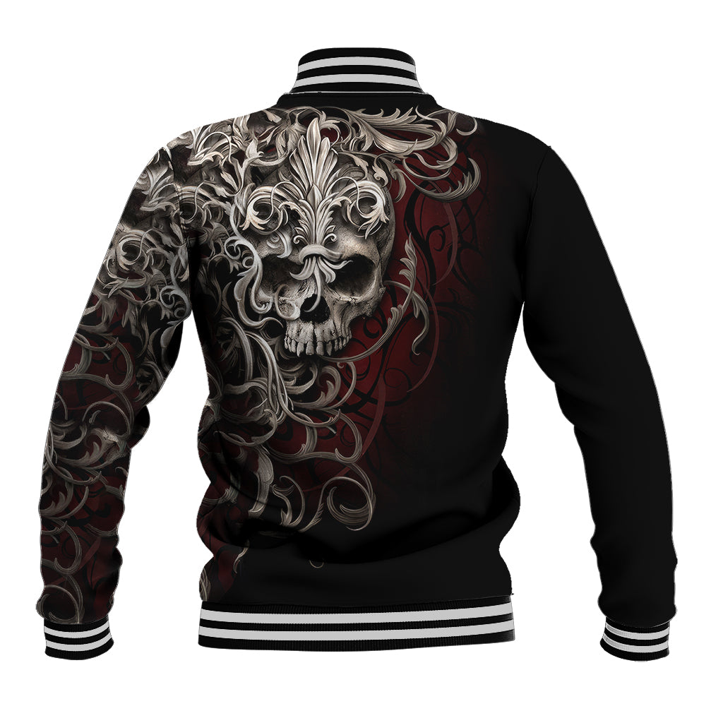 Black baseball jacket with silver skull back graphic, striped ribbed cuffs and hem.