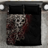 Black duvet cover with silver skull face and red scrollwork, plus 2 black pillowcases