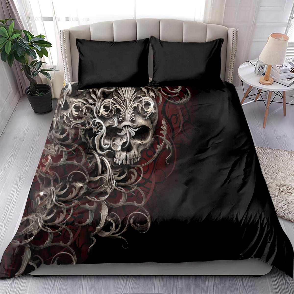 Black duvet cover set with silver skull artwork, red accents, and two square pillowcases