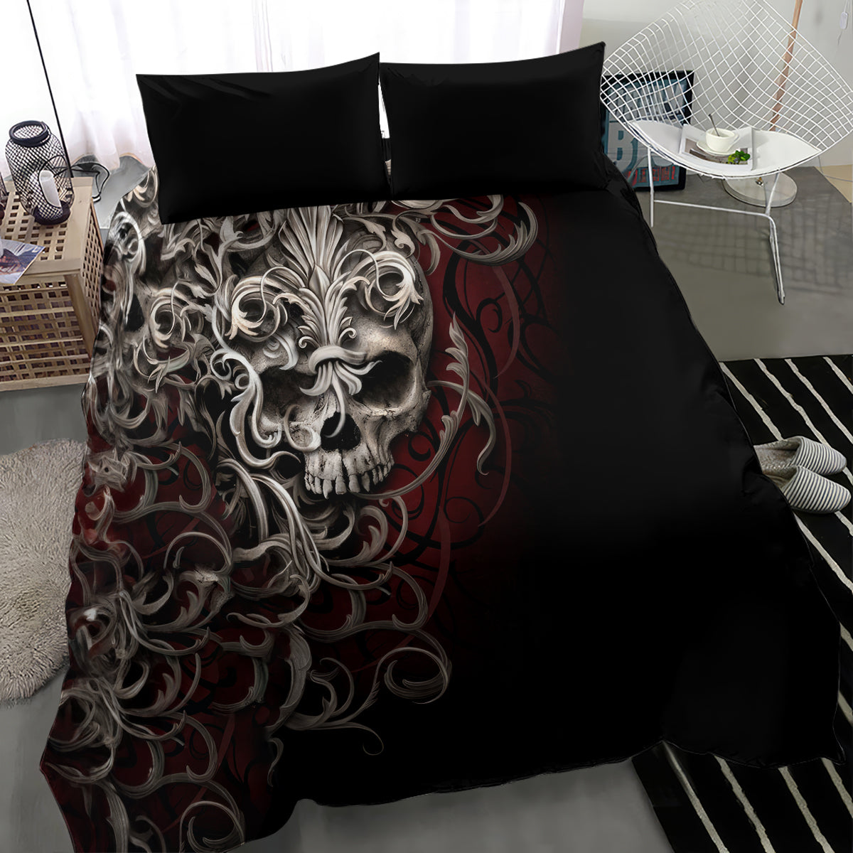Black duvet cover with silver skull head and red swirls, paired with 2 black pillowcases
