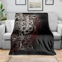 Black skull blanket with silver baroque skull and red swirl flame pattern, spread out