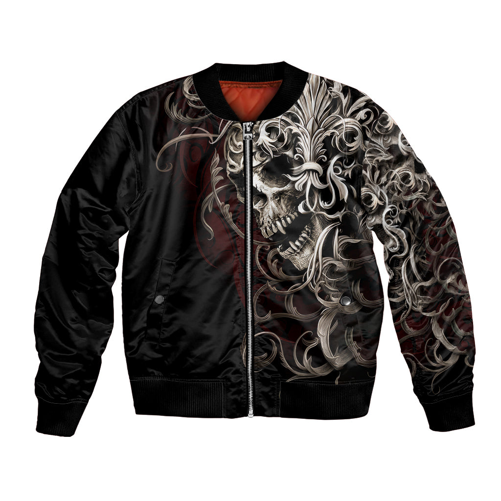 Black bomber jacket with silver skull front graphic, zip, ribbed collar and cuffs.