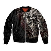Black bomber jacket with silver skull front graphic, zip, ribbed collar and cuffs.