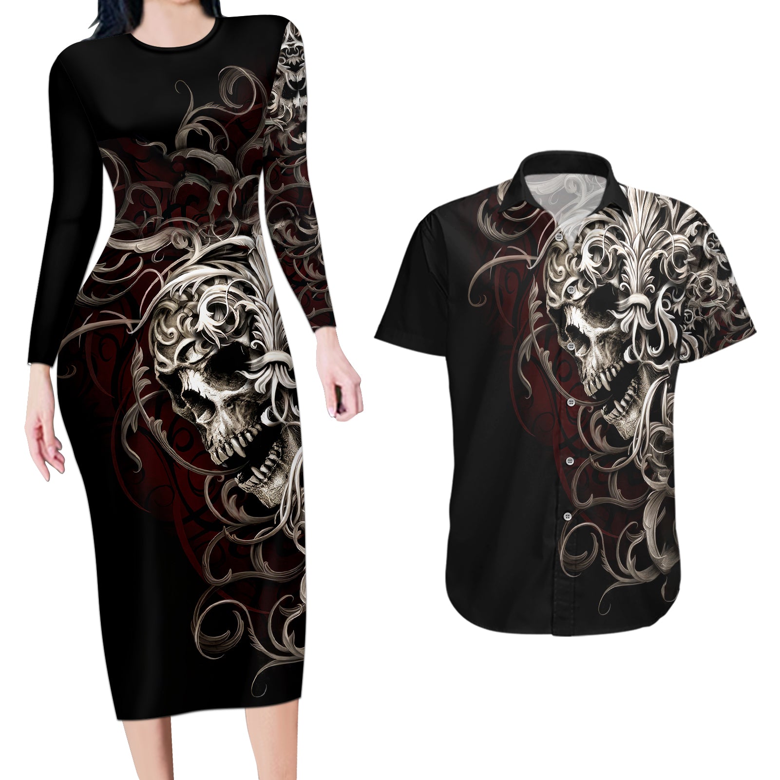 Skull Couples Matching Long Sleeve Bodycon Dress and Hawaiian Shirt Silver Warrior Royal - Wonder Print Shop