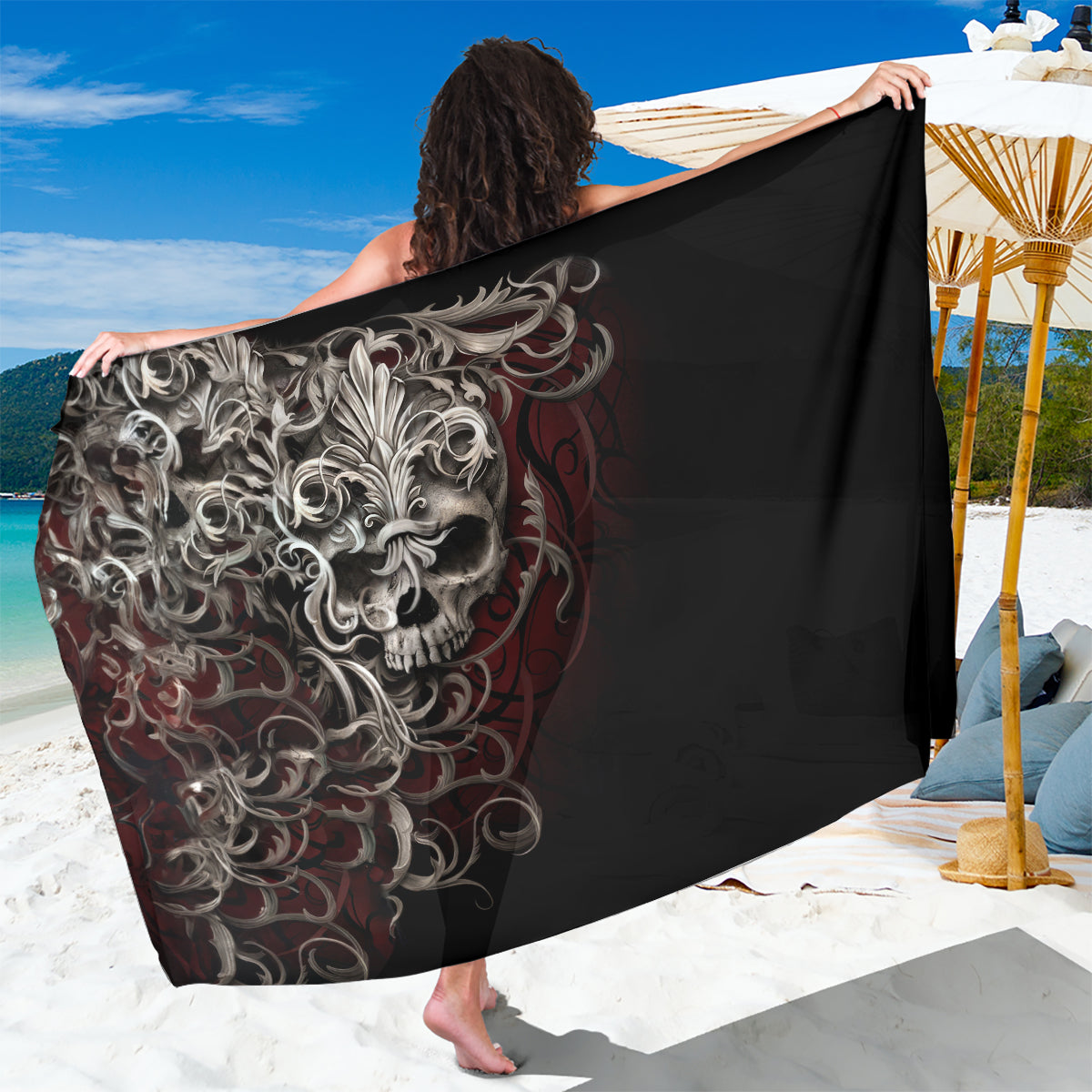 Black skull warrior sarong with silver graphic, draped fabric