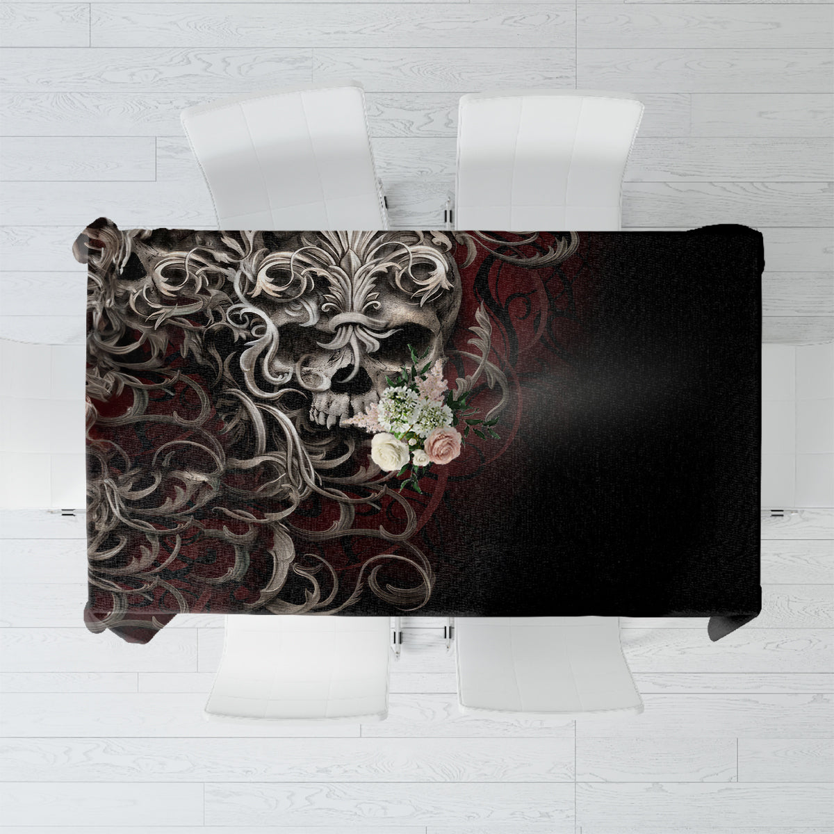 Black skull tablecloth with ornate silver-and-red warrior design, folded view