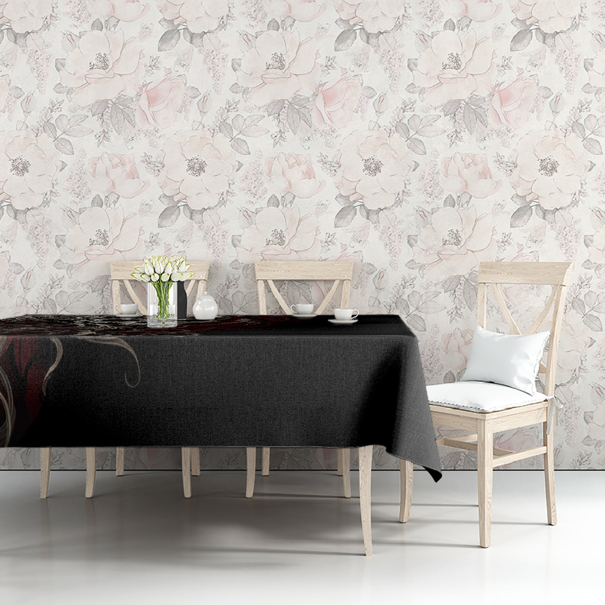 Black tablecloth over table with chairs, simple solid fabric