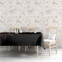 Black tablecloth over table with chairs, simple solid fabric
