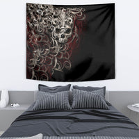 Skull tapestry wall hanging with detailed silver skull, red ornaments, and black background.