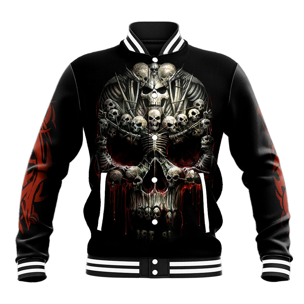 Black baseball jacket with skull skeleton graphic on the front and striped rib trim