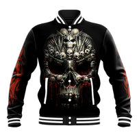 Black baseball jacket with skull skeleton graphic on the front and striped rib trim